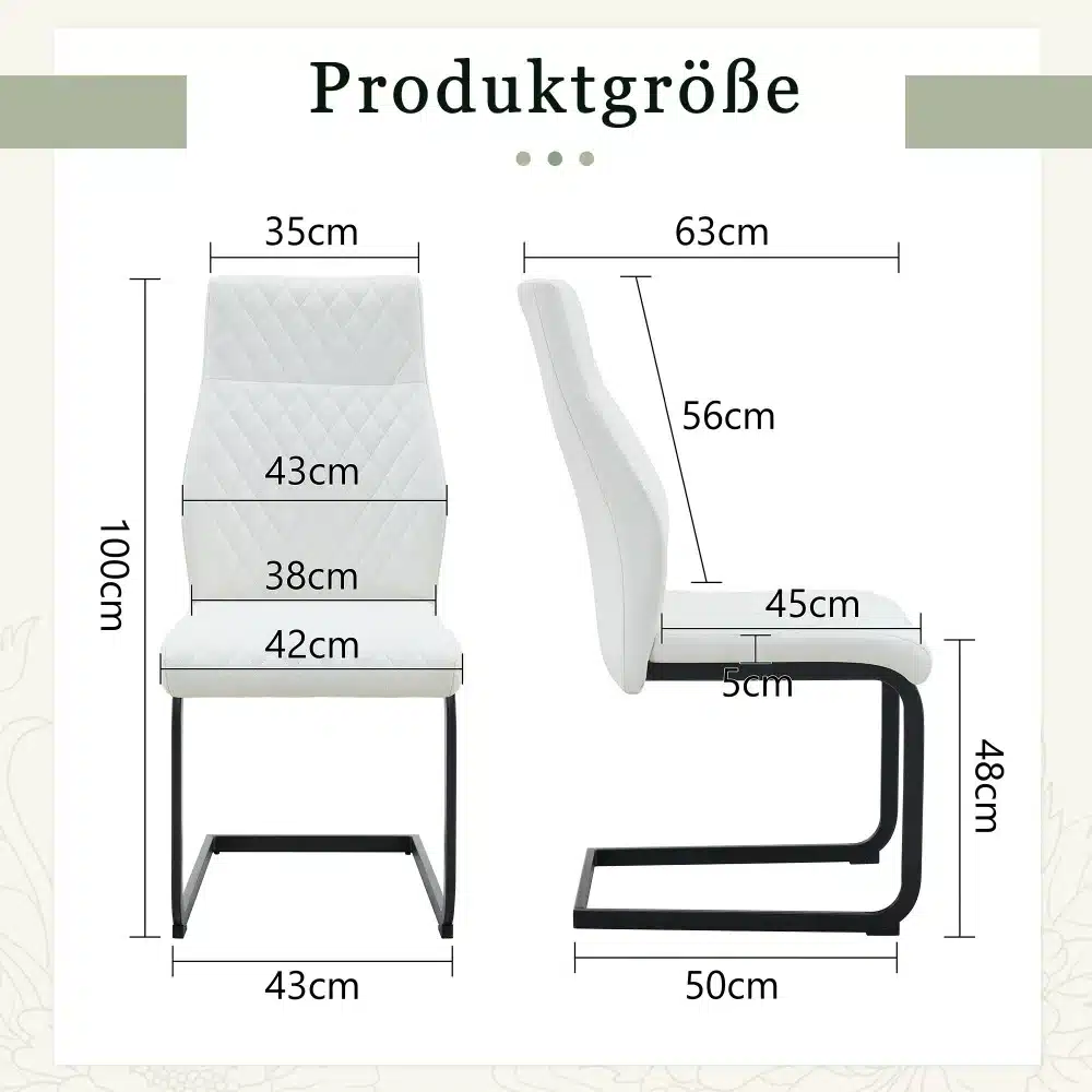 Kaks kõrge seljatoega söögitooli, valge ja kuldse raamiga, koos mõõtmetega 100cm kõrgune, 43cm lai, 63cm sügav. Valge polster ja kuldse värvusega raam pakuvad elegantset disaini ja mugavust.