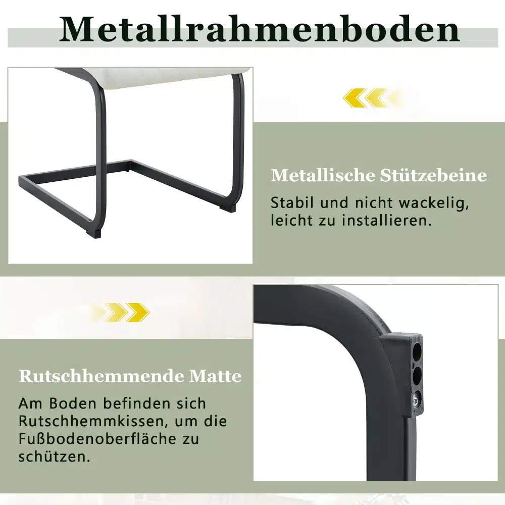 Söögitoolide kõrge seljatoega valge polsterdatud iste ja kuldse raami stabiilsed metalljalad ning libisemisvastane matt.