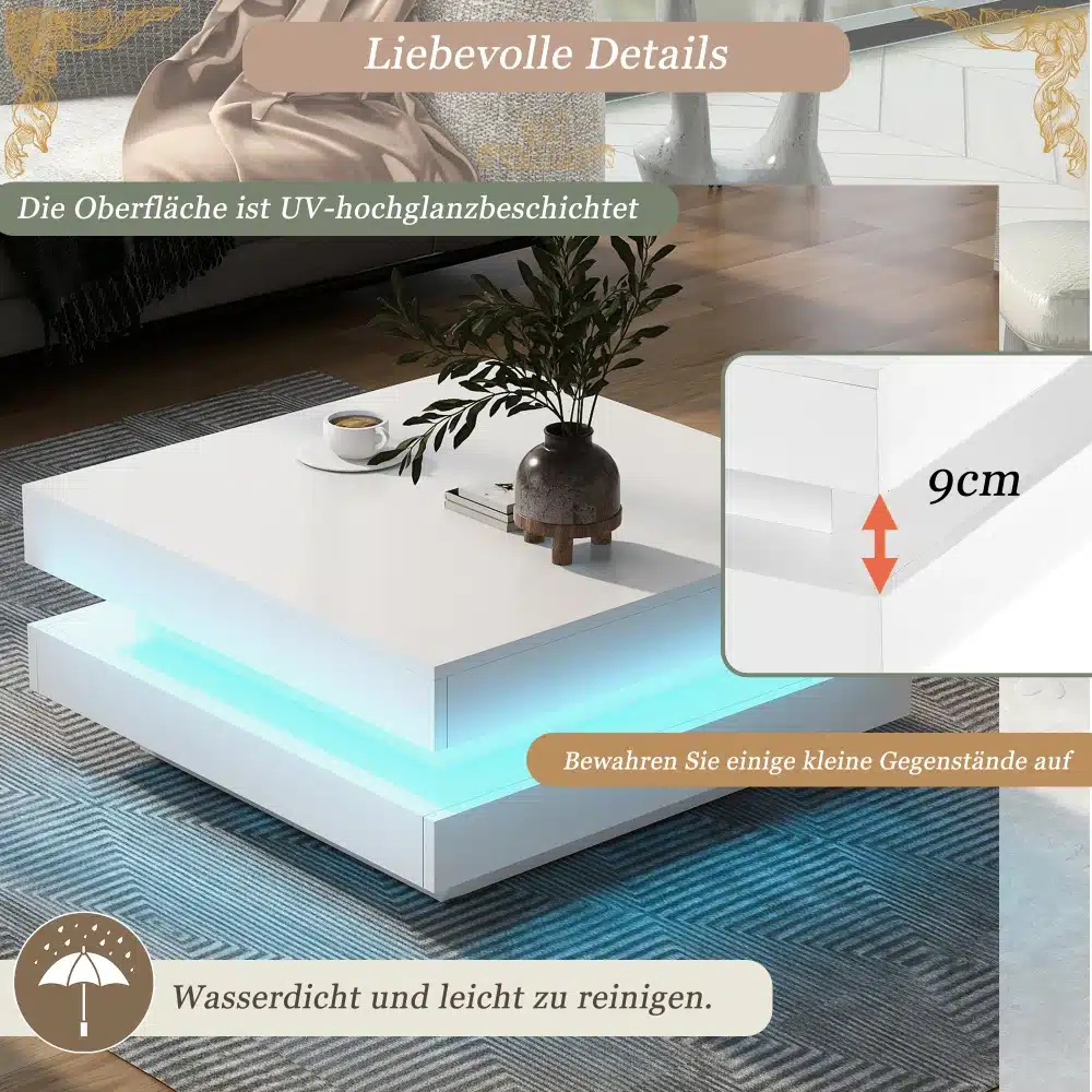 Diivanilaud LED valgustusega, pöörlev kandik, valge läikiva viimistlusega, sinise LED alaosaga, modernses elutoas halli vaiba peal, laual dekoratiivvaas ja kohvitass.