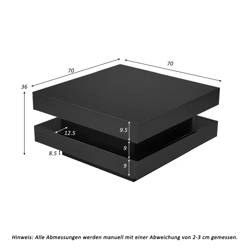 Must diivanilaud, millel on LED valgustus ja pöörlev kandik. Laud on mõõdetud joonistega, mille mõõtmed on 70x70 cm ja kõrguseks 36 cm. Valmistatud moodsast materjalist ja mõeldud elutoa interjööri kaunistamiseks.