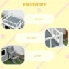 Koerakuut rõdu ja trepiga suurtele koertele kuusepuidust | E-pood Tootemaailm Koerakuut rõdu ja trepiga suurtele koertele kuusepuidust, millel on valge rõdu ja hall trepp, asetatud muruplatsile.