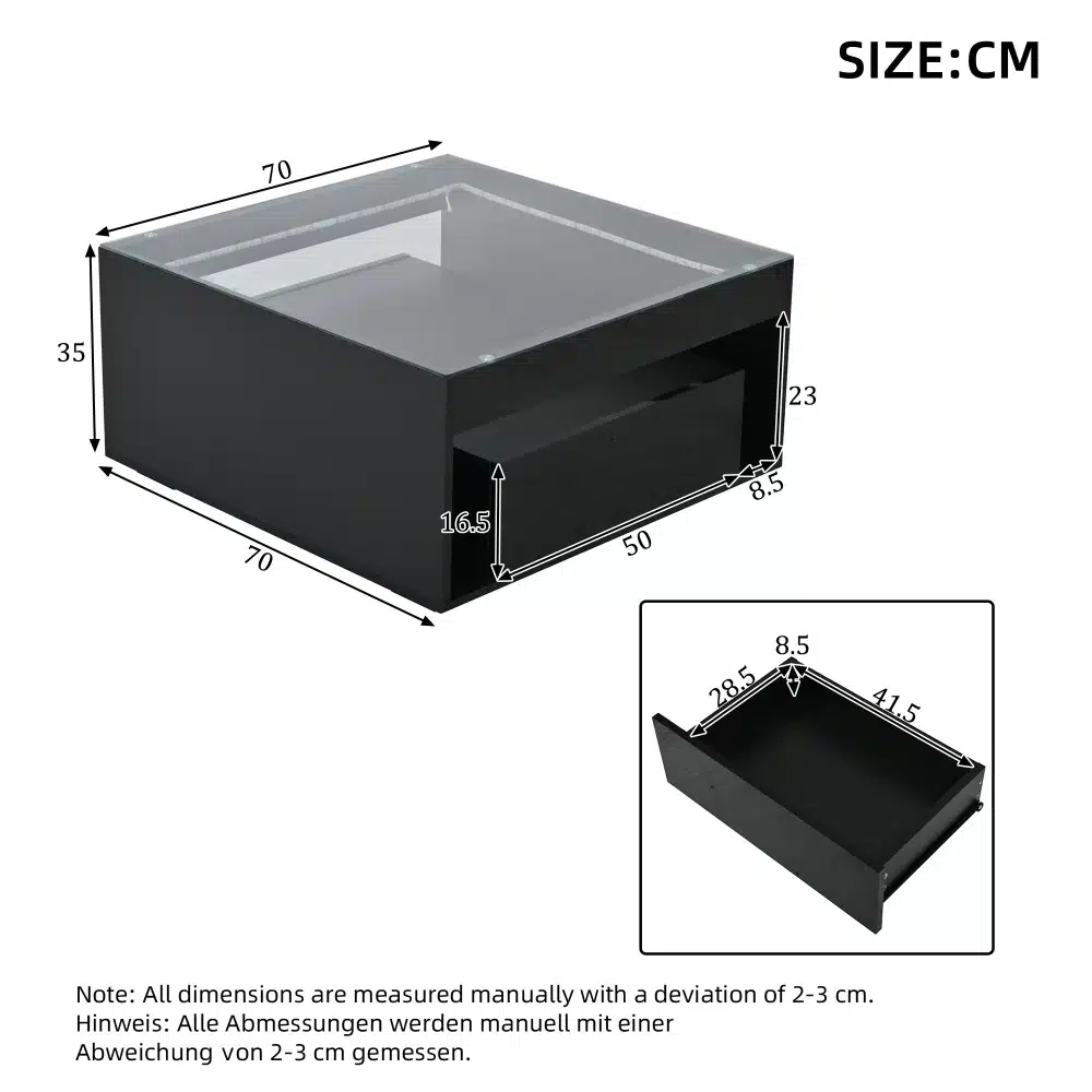 Diivanilaud LED-valgustusega ja kahe sahtliga, must, mõõtmetega 70x70x35 cm. Klaasist pealispinna all särava LED-valgustusega laud, lisaks kaks sahtlit hoiuruumiks. Taustal mõõtmed sentimeetrites.