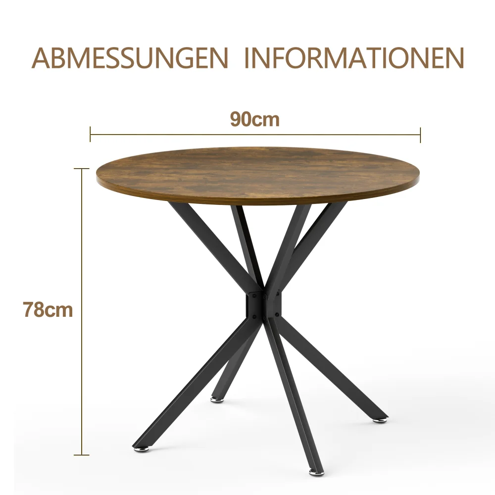 Ümmargune söögilaud 90 cm läbimõõduga, mustad metalljalad ja pruun viimistlus. Laud asub valgel taustal, rõhutades selle elegantset ja kaasaegset disaini.