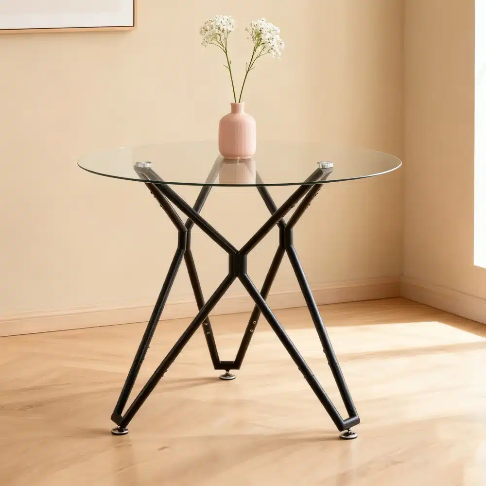 Ümmargune söögilaud 90 cm metalljalgade ja pruuni viimistlusega, millel on klaasist pealisplaat ning modernne ja elegantne disain heledas sisekujunduses.