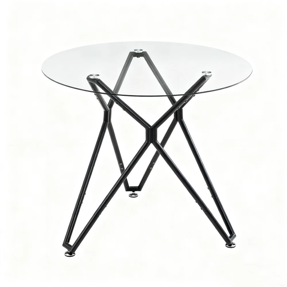 Ümmargune söögilaud 90 cm metalljalgade ja pruuni viimistlusega, millel on klaasist lauaplaat ja mustad elegantsed metalljalad, minimalistlik disain valgel taustal.