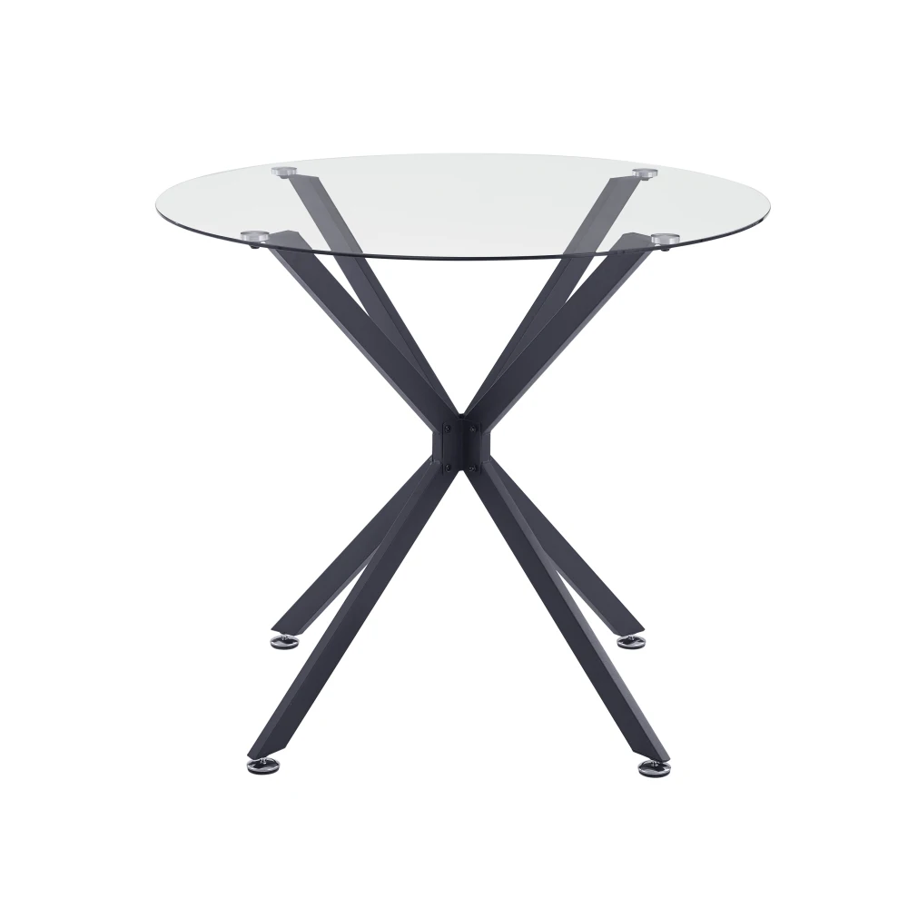 Ümmargune söögilaud 90 cm läbipaistva klaaspinnaga, mustad metalljalad, minimalistlik disain, valge taust.