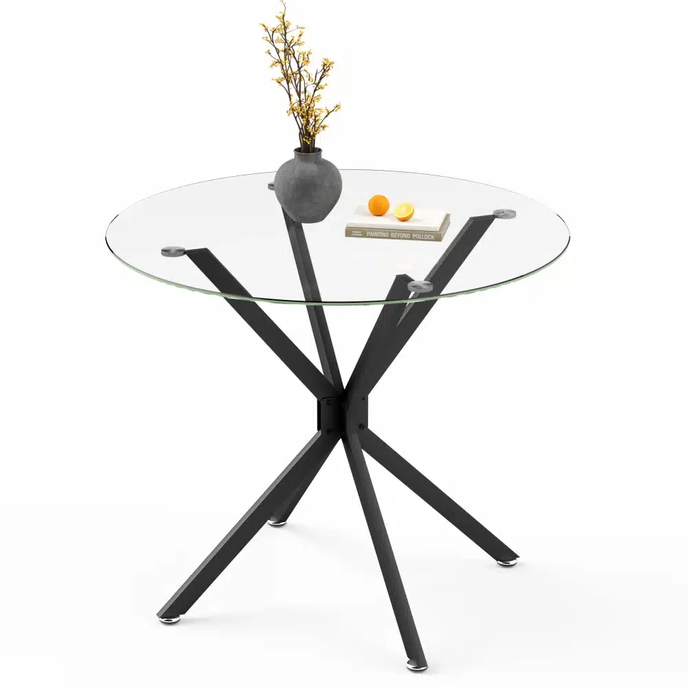 Ümmargune söögilaud 90 cm diameetriga, millel on metalljalad ja pruun viimistlus, minimalistliku disainiga valgusküllases ruumis. Laual on dekoratiivne vaas.