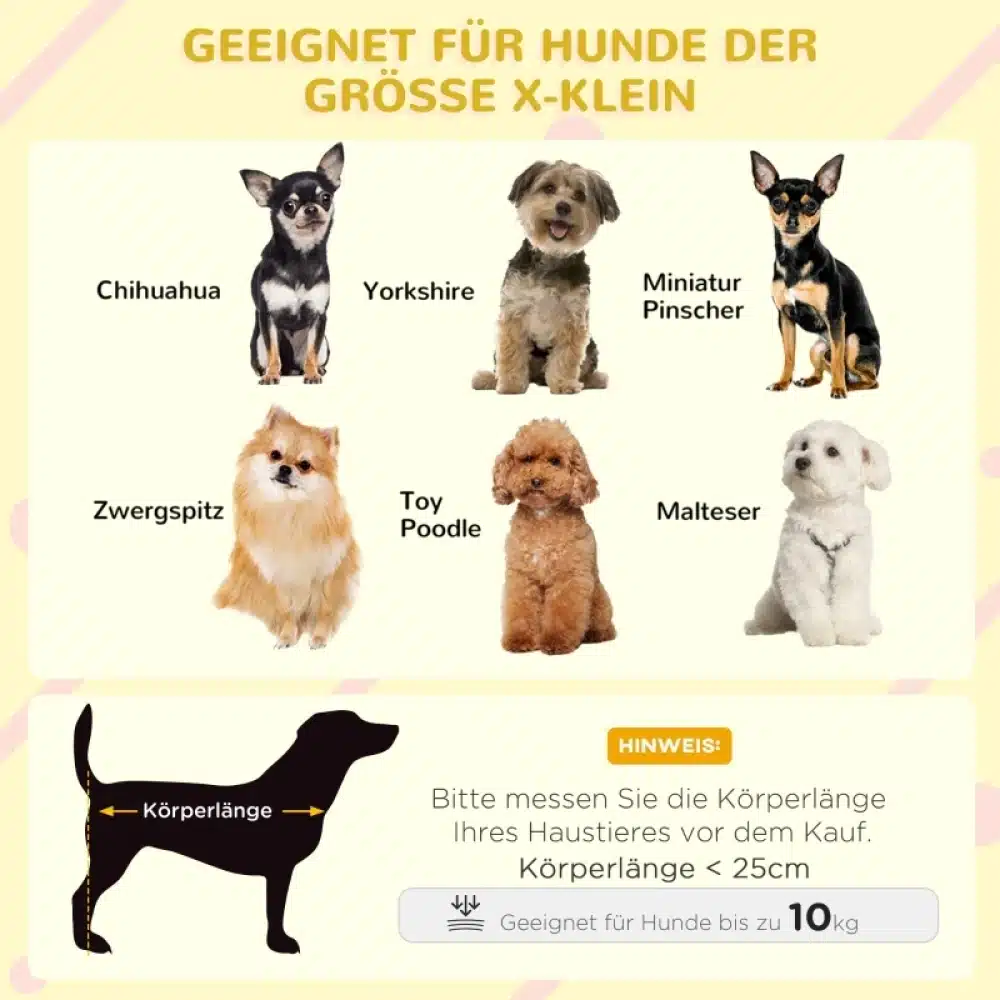 Erinevad väikesed koeratõud, nagu chihuahua, yorkshire, miniatür pinscher, zwergspitz, toy poodle ja maltese, mis on näidatud graafilises bänneris, koos juhistega koera keha pikkuse mõõtmiseks sobiva kuudi valimiseks.