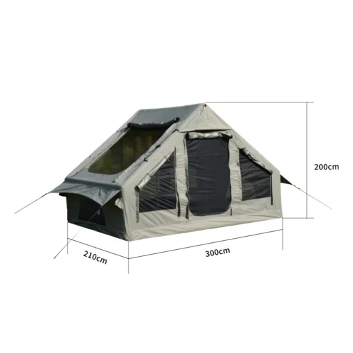 Perele mõeldud veekindel kvaliteetne suur telkmaja | E-pood Tootemaailm Pildil on kvaliteetne suur telkmaja, mis sobib ideaalselt perele. See veekindel hall tent koosneb tugevast kangast, millel on suur esik ja mitu akent, pakkudes piisavat ruumi ja mugavust. Taust on neutraalne, keskendudes telgi disainile ja mõõtmetele.