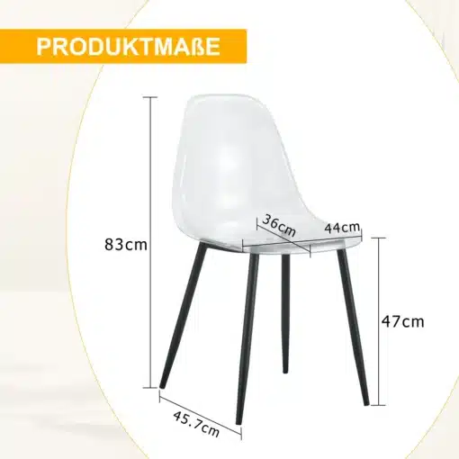 Söögitoolide komplekt 4 tk läbipaistevad | E-pood Tootemaailm Läbipaistev söögitool ümmarguse istmega, mustad sirged jalad, mõõtude skeemil heleda tausta ees. Söögitoolide komplekt 4 tk läbipaistevad sobib hästi kaasaegsesse interjööri.