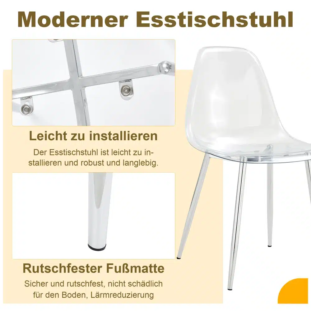 Läbipaistev söögitool, mis on asetatud vastu heledat tausta. Toolil on kaasaegne ja minimalistlik disain, metallist jalad ning ergonoomiline istumisnurk. Nähtavad on tooli põrandakaitsed ja konstruktsioonielemendid.