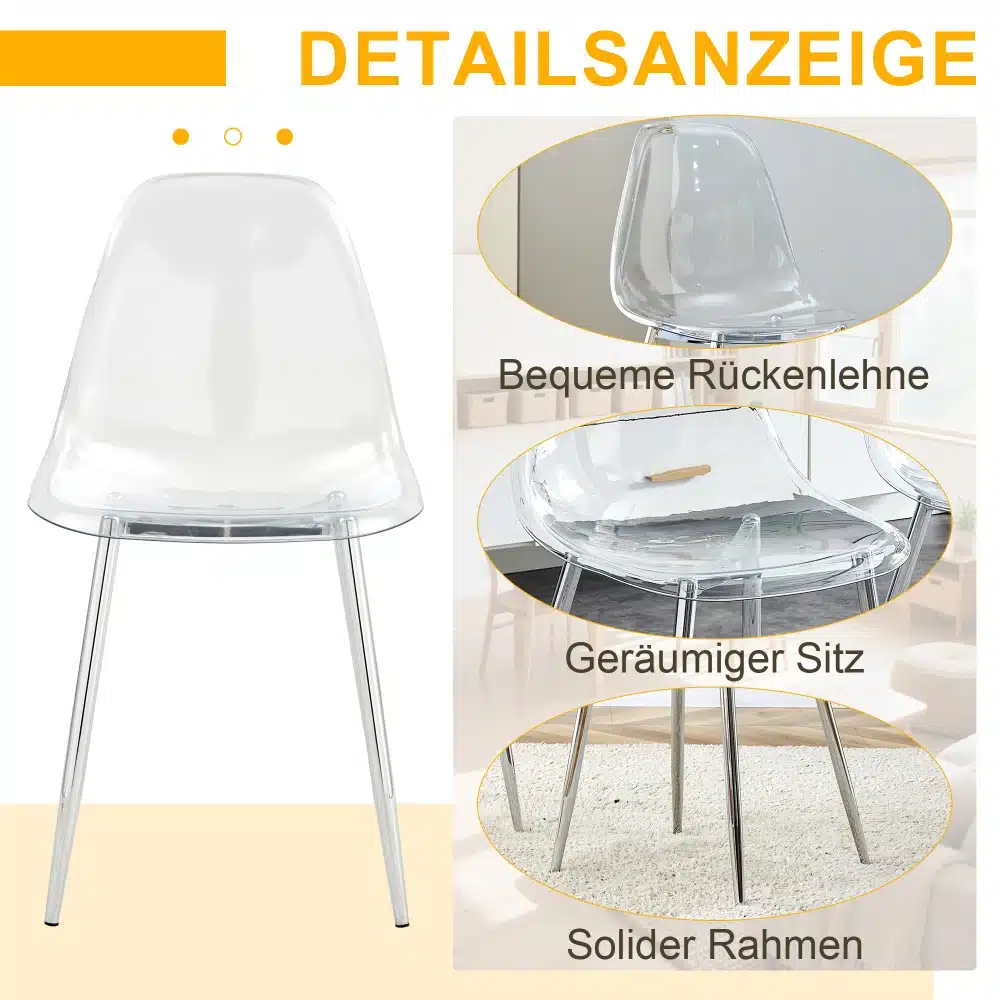 Modernne ja stiilne söögitoolide komplekt 4 tk läbipaistevad, millel on kroomitud jalad ja ergonoomiline seljatugi, elutoa taustal.