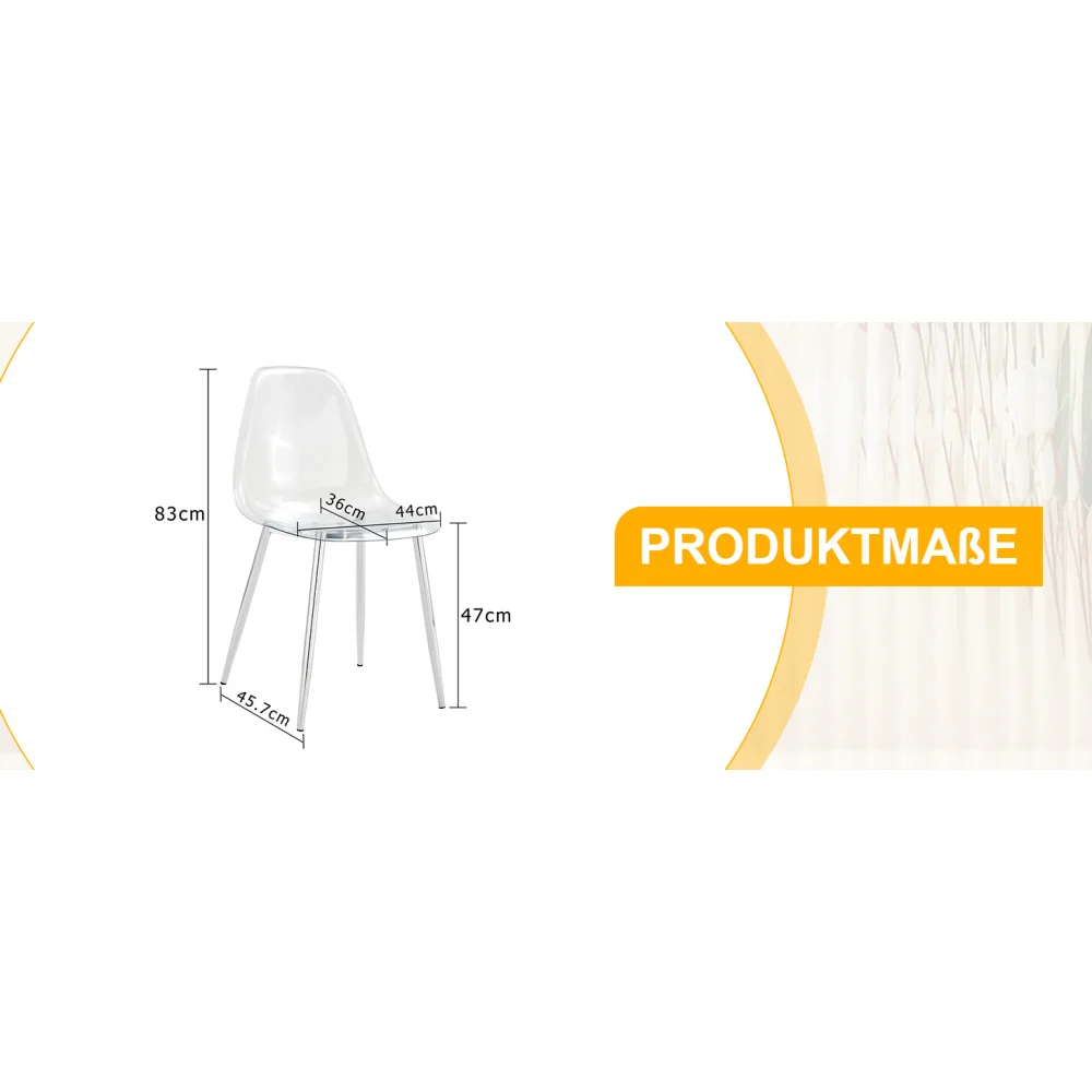 Söögitoolide komplekt 4 tk läbipaistevad, läbipaistev plastikust söögitool, millel on metallist jalad, ideaalne köögi modernse sisustuse jaoks, mõõtudega 83 cm kõrgus, 36 cm laius ja 44 cm sügavus.