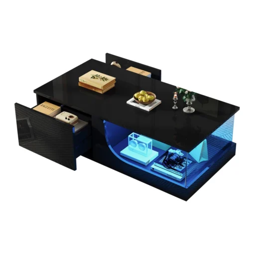 Diivanilaud LED-valgustusega, must, 2 sahtlit, MDF klaas | E-pood Tootemaailm Stiilne must Diivanilaud LED-valgustusega, 2 sahtlit ja MDF klaas, mille peal on dekoratiivsed esemed kaasaegses elutoas.