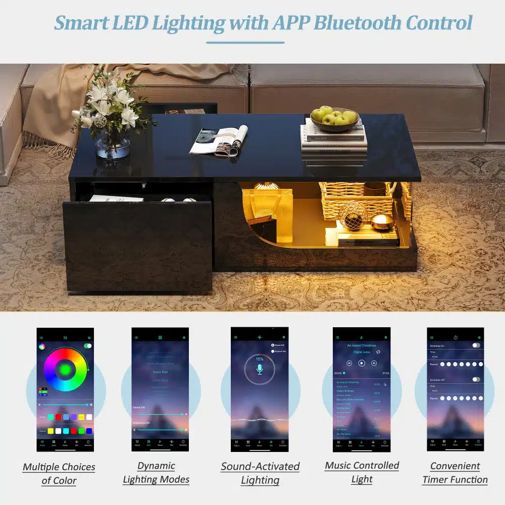 Diivanilaud LED-valgustusega, must, MDF klaasist pinnaga ja kahe sahtliga. Laud on asetatud elegantselt sisustatud elutoas vaiba peal, kus madalal laual on dekoratiivsed taimed ja puuviljavaagen. LED-valgustus toob esile klaaspinna sära ja lisab ruumile kaasaegse ilme.