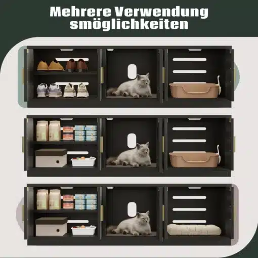 Kassi kapp kraapimispostiga ja ventilatsiooniga 140x40x45 cm | E-pood Tootemaailm Mitme identse musta kassi kapp kraapimispostiga ja ventilatsiooniga, mõõtudega 140x40x45 cm, kuvab erinevaid kasutusviise, sealhulgas jalanõude, kassi, toidu ja kassiliivakasti hoidmiseks.