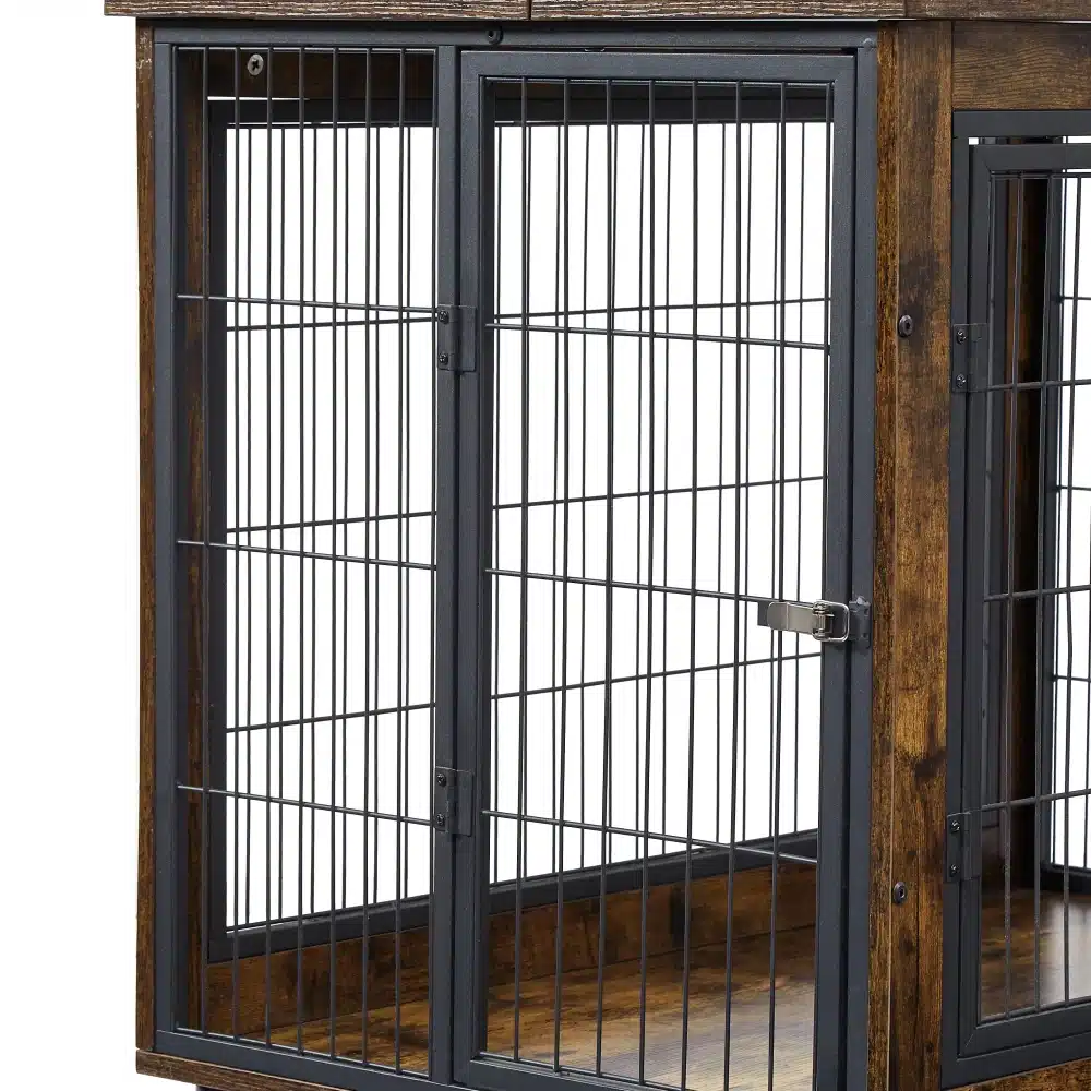 Puidust ja metallist koerakuut ratastel, kahekordsete ustega, musta värvi metallvõredega ja pruuni puitraamiga, mille mõõdud on 80x56x69 cm.