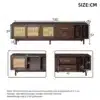 TV-alus MDF puidust, rotangiga, 190 cm, 75-tollisele | E-pood Tootemaailm TV-alus MDF puidust ja rotangist, 190 cm pikk, tumepruuni viimistlusega, sobib 75-tollisele televiisorile. Alusel on kolm suletud ust ja avatud riiulid, mille mõõtmed on täpselt välja toodud pildil.