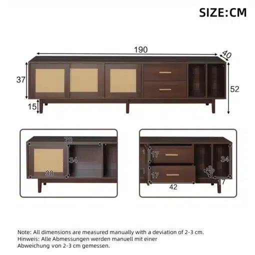 TV-alus MDF puidust, rotangiga, 190 cm, 75-tollisele | E-pood Tootemaailm TV-alus MDF puidust ja rotangist, 190 cm pikk, tumepruuni viimistlusega, sobib 75-tollisele televiisorile. Alusel on kolm suletud ust ja avatud riiulid, mille mõõtmed on täpselt välja toodud pildil.