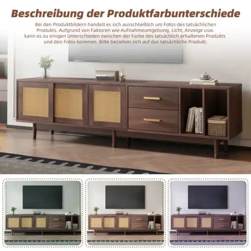 TV-alus MDF puidust, rotangiga, 190 cm, 75-tollisele | E-pood Tootemaailm TV-alus MDF puidust ja rotangiga, pruun, 190 cm pikk, mõeldud kuni 75-tollistele teleritele. Kaasaegse disainiga TV-alus sobib ideaalselt elutuppa, pakkudes mugavat hoiuruumi ja elegantset stiili.