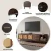 TV-alus MDF puidust, rotangiga, 190 cm, 75-tollisele | E-pood Tootemaailm MDF puidust ja rotangist TV-alus, mõõtudega 190 cm, mahutab kuni 75-tollise televiisori, esiplaanil tume puit ja punutud rotangist uksed, toas kaasaegne sisekujundus.