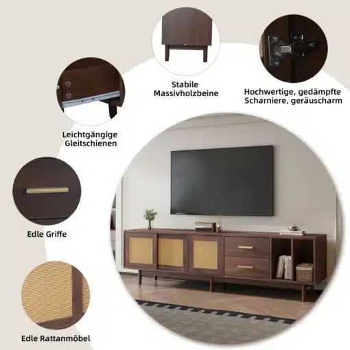 TV-alus MDF puidust, rotangiga, 190 cm, 75-tollisele | E-pood Tootemaailm MDF puidust ja rotangist TV-alus, mõõtudega 190 cm, mahutab kuni 75-tollise televiisori, esiplaanil tume puit ja punutud rotangist uksed, toas kaasaegne sisekujundus.