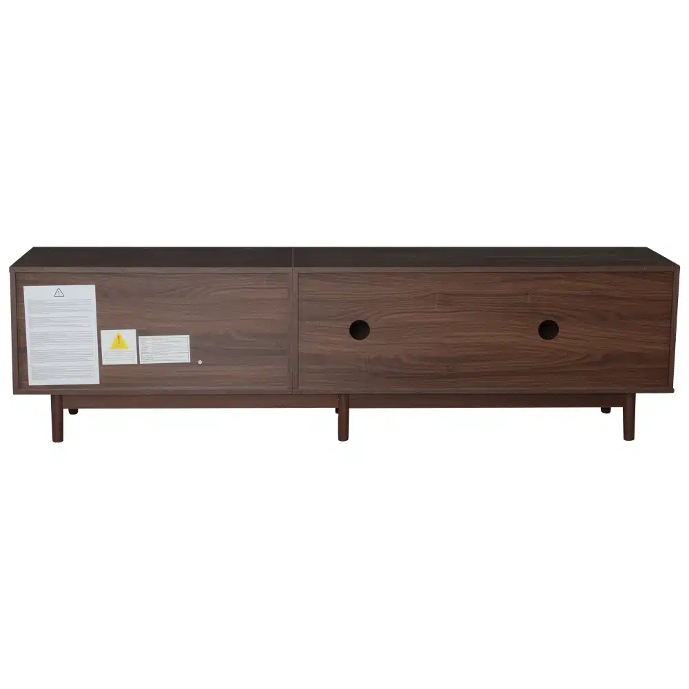 TV-alus MDF puidust ja rotangiga, 190 cm lai, sobilik kuni 75-tollisele telerile, tumedat värvi, minimalistlik disain, avar ja praktiline hoiuruum, sobib iga elutoa sisustusega.