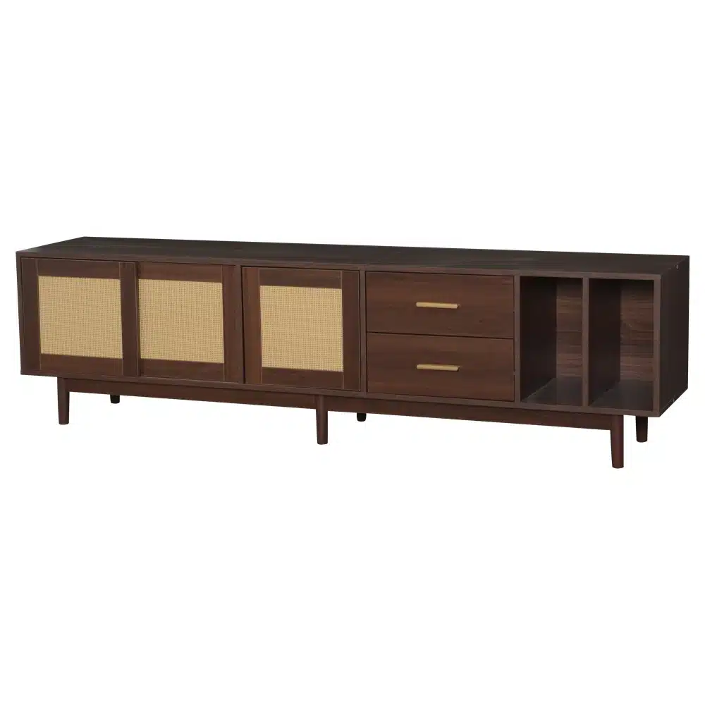 Elegantne TV-alus MDF puidust, millel on rotangipunased uksed ja sahtlid, 190 cm pikk ja sobib 75-tollisele telerile, asetatud neutraalse taustaga.