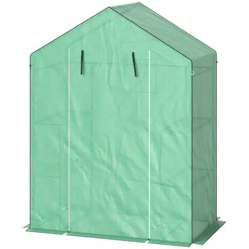 Kasvuhoone riiulitega UV-kaitsega roheline 143x74x190cm | E-pood Tootemaailm Roheline kasvuhoone, mõõtmetega 143x74x190cm, UV-kaitsega ja varustatud riiulitega, seisab tasasel pinnal rohelise katte ja läbipaistva esiküljega.