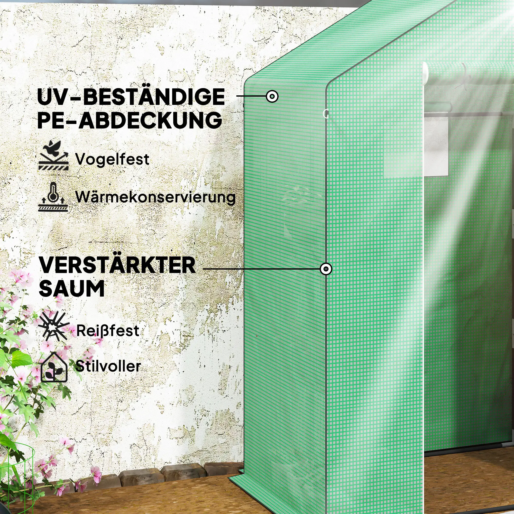 Roheline kasvuhoone mõõtmetega 143x74x190cm, millel on riiulid ja UV-kaitse, asetatud heleda krohvitud seina taustale, esiplaanil lilledega. Kasvuhoone on valmistatud UV-kindlast materjalist, et säilitada tugevus ja kaitsta taimede kasvu.