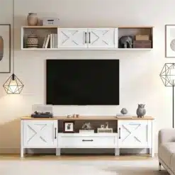 Valge ja puidust Tv-alus komplekt seinale, 2-osaline, sobib kuni 80-tollisele telerile, elegantne disain koos dekoratiivsete elementidega elutoas.