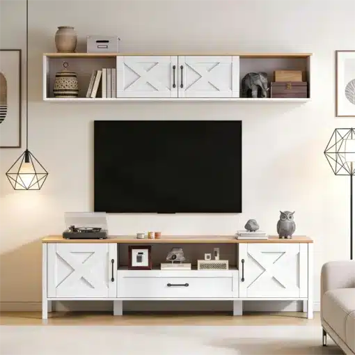 Tv-alus komplekt seinale, 2-osaline, sobib kuni 80-tollisele | E-pood Tootemaailm Valge ja puidust Tv-alus komplekt seinale, 2-osaline, sobib kuni 80-tollisele telerile, elegantne disain koos dekoratiivsete elementidega elutoas.