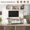 Tv-alus komplekt seinale, 2-osaline, sobib kuni 80-tollisele | E-pood Tootemaailm Valge ja puidust tv-alus komplekt seinale koos lisariiulitega. 2-osalise mööblikomplekti keskel ripub suur lameekraan, ümbritsetud raamatute, korvide ja dekoratiivsete elementidega. Seina-taust on heledates toonides, luues õdusa ja kaasaegse elutoa õhkkonna. Komplekt sobib kuni 80-tollisele televiisorile ja pakub rohkelt hoiustamisruumi.