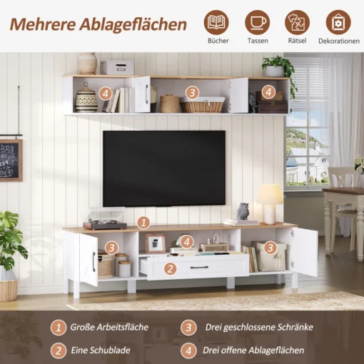 Tv-alus komplekt seinale, 2-osaline, sobib kuni 80-tollisele | E-pood Tootemaailm Valge ja puidust tv-alus komplekt seinale koos lisariiulitega. 2-osalise mööblikomplekti keskel ripub suur lameekraan, ümbritsetud raamatute, korvide ja dekoratiivsete elementidega. Seina-taust on heledates toonides, luues õdusa ja kaasaegse elutoa õhkkonna. Komplekt sobib kuni 80-tollisele televiisorile ja pakub rohkelt hoiustamisruumi.