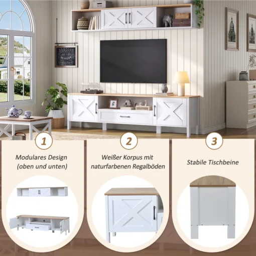 Tv-alus komplekt seinale, 2-osaline, sobib kuni 80-tollisele | E-pood Tootemaailm Valge ja naturaalse puidu kombinatsioonis 2-osaline Tv-alus komplekt seinale, sobiv kuni 80-tollisele televiisorile. Komplektis on moodne modulaardisain ja stabiilsed jalad elutoa seina vastu paigutatud puitpaneelidel.