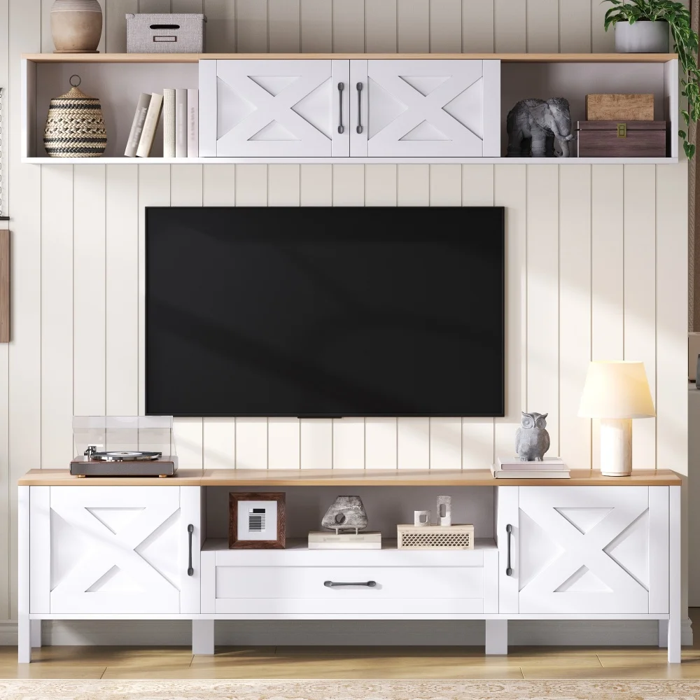 Stiilne valge ja pruun tv-alus komplekt seinale, 2-osaline, sobib kuni 80-tollisele televiisorile. Komplekti kuuluvad kapid ja riiulid, elegantse puitsokli ja paneelidega, sobitudes ideaalselt heledale taustale.