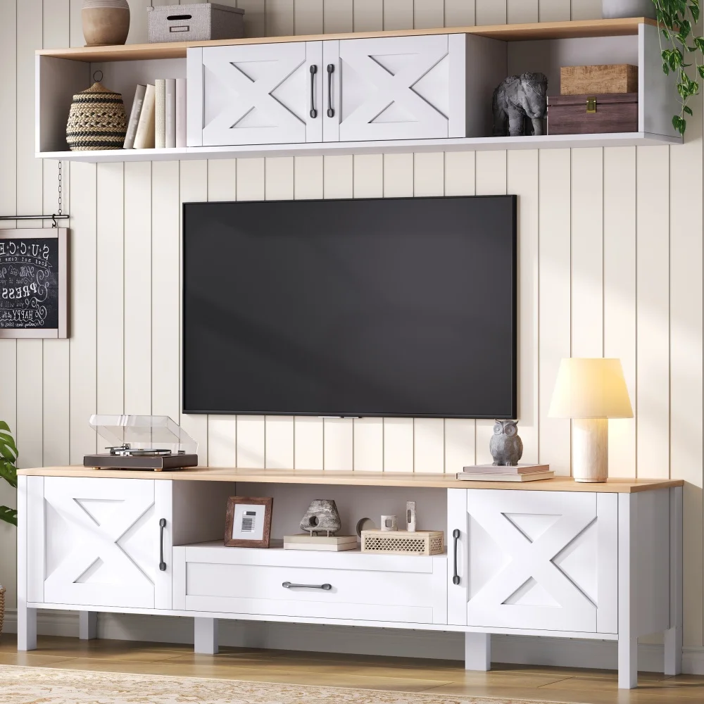 Tv-alus komplekt seinale, 2-osaline, kaunist puidust ja metallist disainiga valge raam, sobib kuni 80-tollisele telerile. Puitpinnad ja neutraalne taust loovad sooja ja kaasaegse atmosfääri kodus.