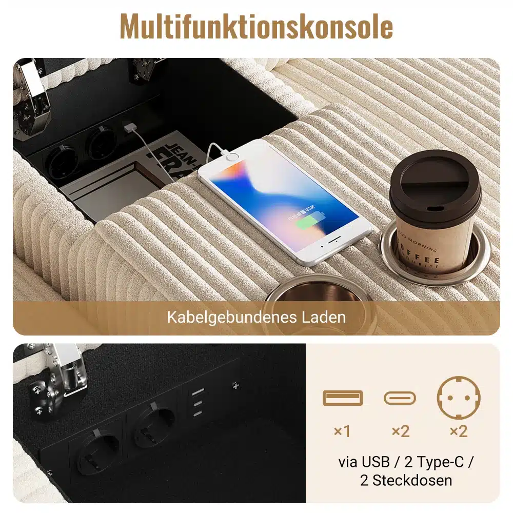 Stiilne sametist nurgadiivan koos integreeritud USB laadijaga. Diivani käetoe sees on USB pesa kiireks seadmete laadimiseks, taustaks pehme beež samet ja kaasaegne disain.