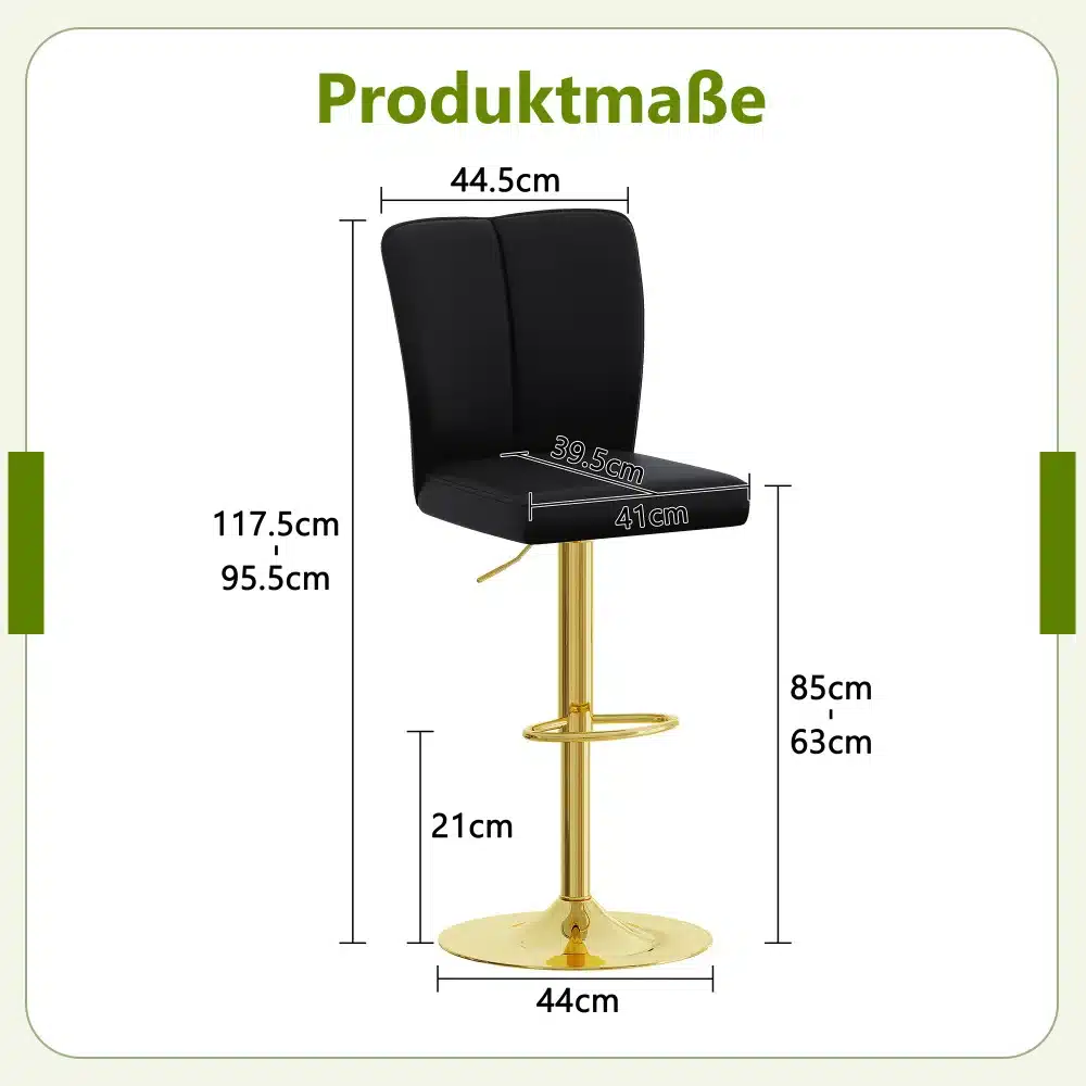 Must baaritool reguleeritava kõrguse ja pöördfunktsiooniga, kuldse alusega ja musta polstriga, mõõtudega 117.5-95.5 cm kõrgus, 44.5 cm laius.