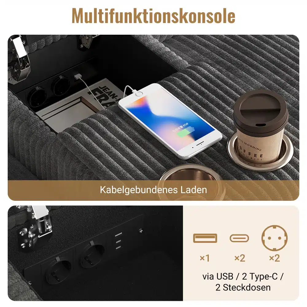 Nurgadiivan sametist, millel on multifunktsionaalne konsool koos USB laadimisjaama ja joogitopsi hoidjaga. Kaasatud on mobiiltelefon, mis laeb juhtme abil. Konsool on mugavalt integreeritud diivani käsitoestikku, rõhutades mugavust ja funktsionaalsust.