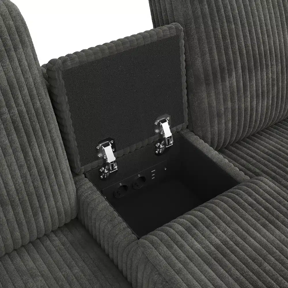 Detailvaade hallist sametisest nurgadiivanist, mis sisaldab lahtikäivat sektsiooni USB pistiku ja joogitopsi hoidjaga. Diivani pind on ribitud sametmaterjalist, pakkudes elegantset välimust ja praktilisi lisafunktsioone.
