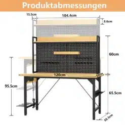 Reguleeritav töölaud 120 cm, koos musta metallist tööriistapaneeli ja puidust riiulitega, valge taustal. Tööriistapaneelil on erinevad konksud ning riiulid tööriistade organiseerimiseks.