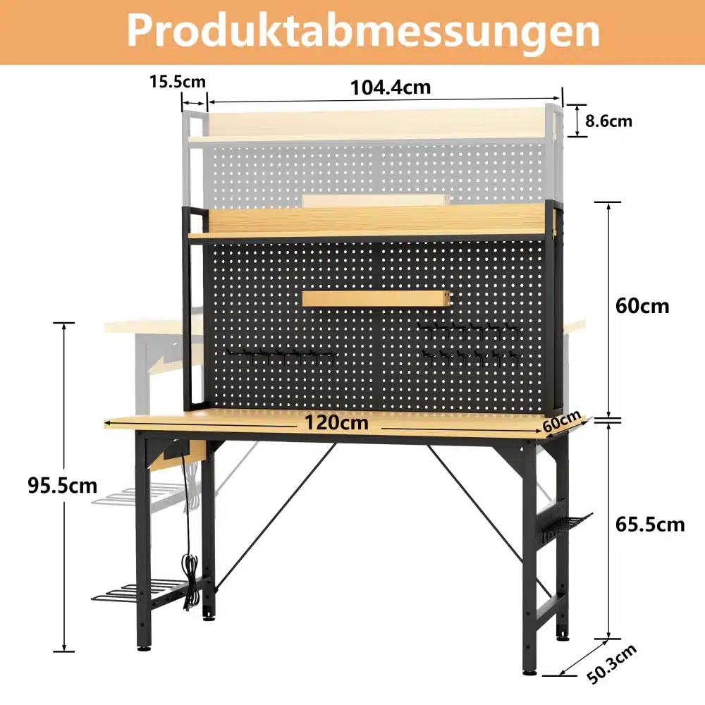 Reguleeritav töölaud 120 cm lai, musta metallist ja puidust elemendid, varustatud tööriistapaneeli ja riiulitega. Taustana neutraalne valge sein. Töölaud on kujundatud tööriistade paigutamiseks ja organisatsiooniks.