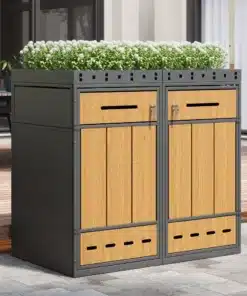 Prügikastikapp istutuskastiga lukustatav õue 132x124cm, valmistatud vineerilaadsest materjalist ja metallraamist, halli ja puiduvärvi kombinatsioonis. Ülemises servas on roheline taimede rida, kapi uksed on lukustatavad ja kast sobib kasutamiseks õues.