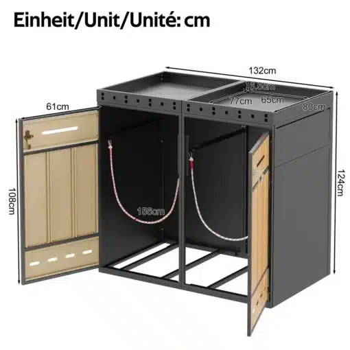 Prügikastikapp istutuskastiga lukustatav õue 132x124cm | E-pood Tootemaailm Metallist prügikastikapp istutuskastiga, mõõtmetega 132x124cm. Kapil on kaks sektsiooni ja lukustatav uks. Pruunid ja mustad pinnad loovad stiilse välimuse, sobides ideaalselt õueala korraldamiseks.