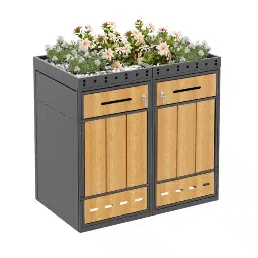 Prügikastikapp istutuskastiga lukustatav õue 132x124cm | E-pood Tootemaailm Prügikastikapp istutuskastiga lukustatav õue 132x124cm, valmistatud puidust ja metallist materjalidega, kaunistatud lilledega, sobib välitingimustesse.