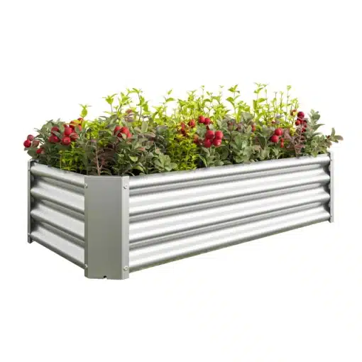 Tõstetud aiapeenar tsingitud terasest 120x60x30 cm | E-pood Tootemaailm Tõstetud aiapeenar, valmistatud tsingitud terasest, mõõtmetega 120x60x30 cm. Peenra sees kasvavad rohelised ja punased taimed ning marjad. Tugev terasmaterjal pakub vastupidavust ja ilusat viimistlust aias.