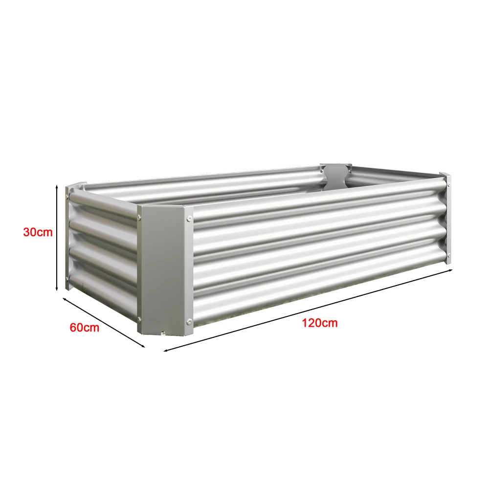 Tõstetud aiapeenar tsingitud terasest mõõtmetega 120x60x30 cm valgel taustal, näidatud koos mõõtudega. Aiapeenar koosneb vastupidavast laine-tüüpi metallist, mis tagab stabiilsuse ja pikaealisuse.