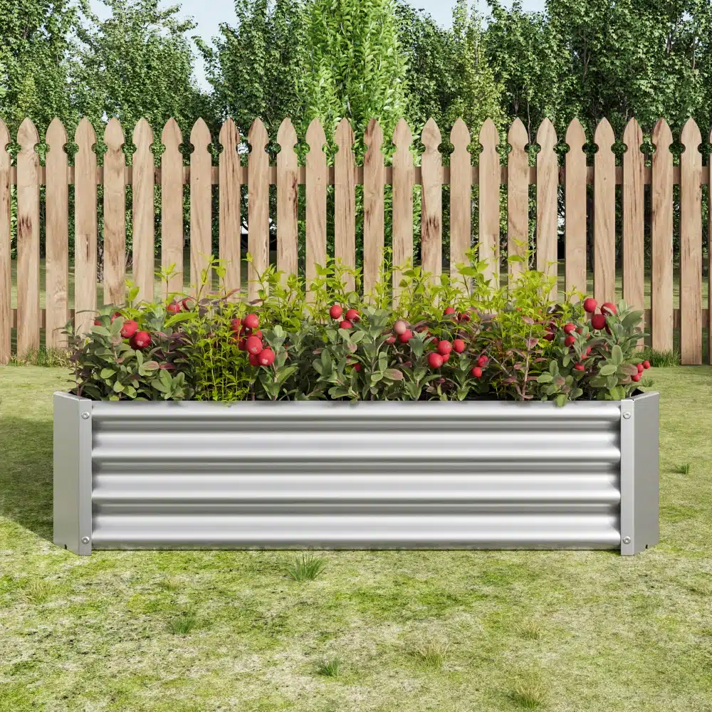 Tõstetud aiapeenar tsingitud terasest suuruses 120x60x30 cm, täis lopsakaid rohelisi taimi ja punaseid marju, asub rohelisel murul puidust aia ees.