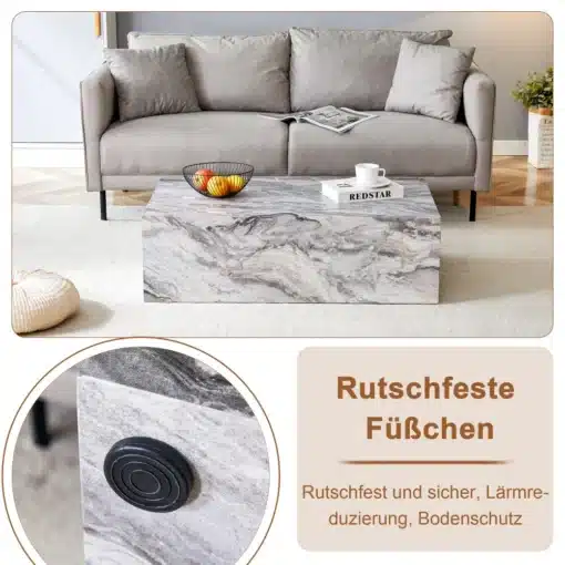 Kohvilaud marmoriefektiga MDF hall 90×50×30 cm nordic stiil | E-pood Tootemaailm Hall nordic stiilis marmoriefektiga MDF kohvilaud, mõõtmetega 90×50×30 cm, asetatud helepruunile vaibale, taustal hall diivan koos dekoratiivpatjadega. Lauda kaunistavad ajakiri ja tass, lisaks puidust põrand.